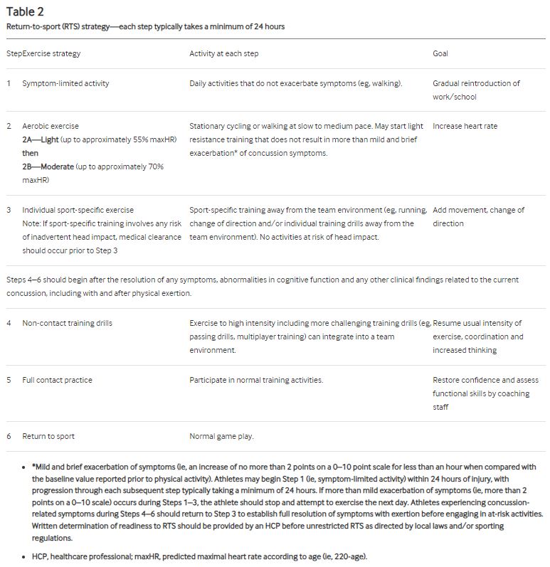 Patricios et al 2023 Table 2 Return to Play strategy